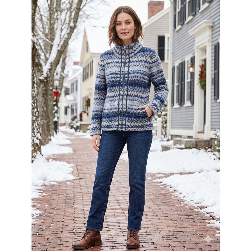 J. Jill Blue Fair Isle Wool Angora Blend Zip Up Cardigan Sweater Small